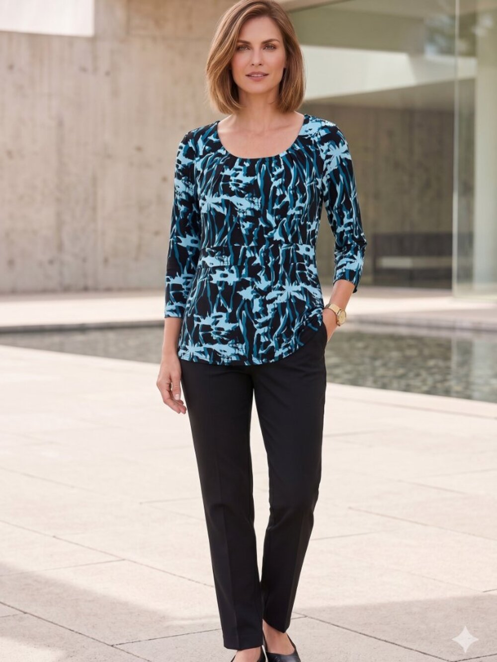 Jaclyn Smith Womenʻs Blue Black Abstract Print Scoop Neck Dress Size L